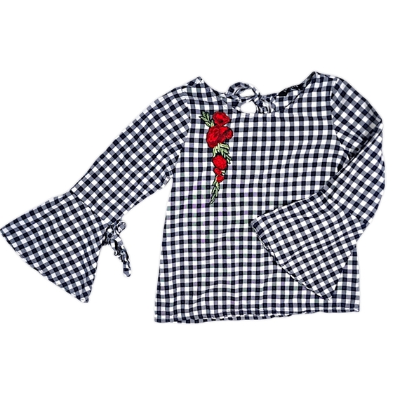 Faballey Black & White Gingham Rose Embroidery Bell Sleeve Boho Blouse Size S - Picture 2 of 8